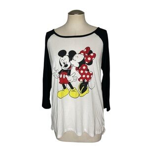 Disney Mickey Minnie Black White Raglan Baseball Tee Large